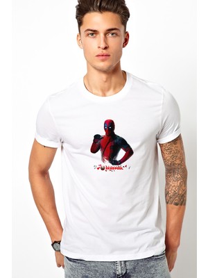 Qivi Deadpool Sulu Boya Çizim Baskılı Beyaz Erkek Örme Tshirt