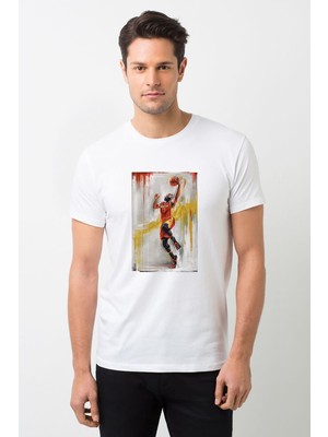 Qivi Basketbolcu Spor Baskılı Beyaz Erkek Örme Tshirt