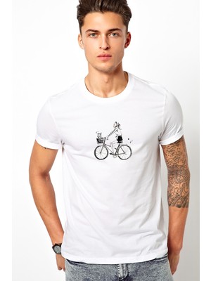 Qivi Drawn Bicycle French Bike Baskılı Beyaz Erkek Örme Tshirt