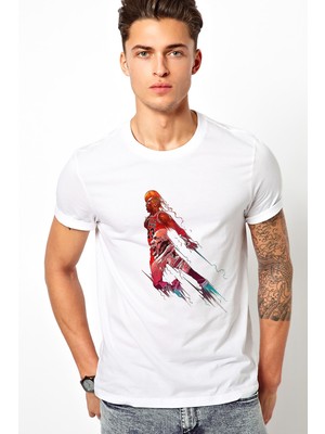 Qivi Basketbol Oyuncusu Baskılı Beyaz Erkek Örme Tshirt