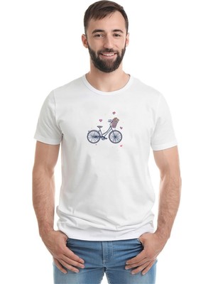 Qivi Bicycle Flower Basket Baskılı Beyaz Erkek Örme Tshirt