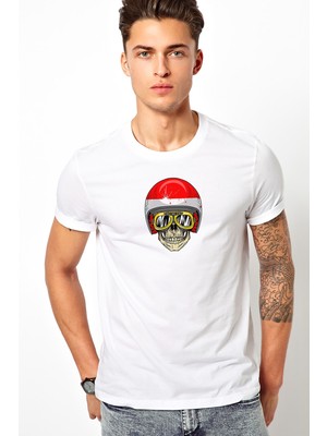 Qivi Tree Skull Helmet Biker Skull Wearing Baskılı Beyaz Erkek Örme Tshirt