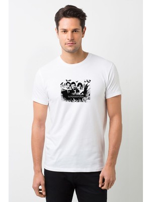 Qivi Supernatural Metal Rock Music Müzik Baskılı Beyaz Erkek Örme Tshirt