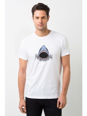 Qivi Shark Attack Baskılı Beyaz Erkek Örme Tshirt