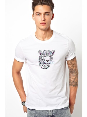 Qivi Pembe Mavi ve Siyah Leopar Çita Baskılı Beyaz Erkek Örme Tshirt