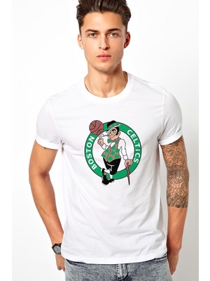 Qivi Boston Basketbol Spor Baskılı Beyaz Erkek Örme Tshirt