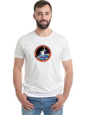 Qivi Nasa Spacex Roket Baskılı Beyaz Erkek Örme Tshirt