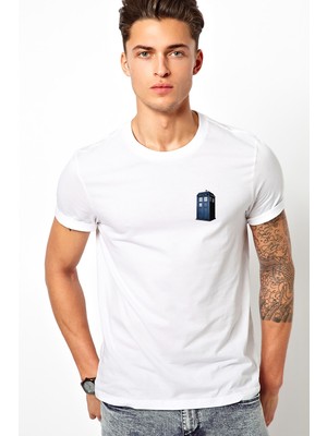 Qivi Doctor Who Tardis Baskılı Beyaz Erkek Örme Tshirt