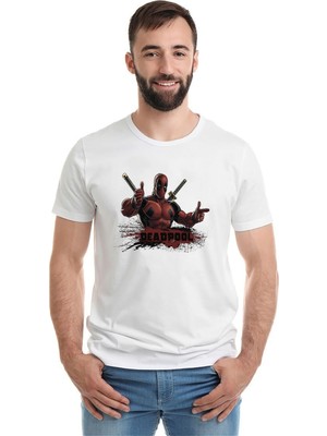Qivi Deadpool Baskılı Beyaz Erkek Örme Tshirt