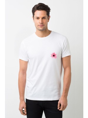 Qivi Oklid Pembe Güzel Suluboya Çiçek Pembe Baskılı Beyaz Erkek Örme Tshirt