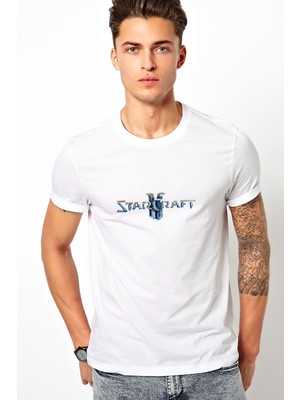 Qivi Starcraft Logo Baskılı Beyaz Erkek Örme Tshirt