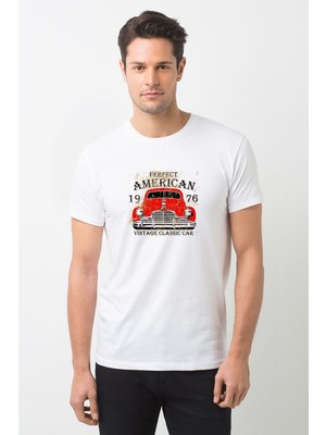 Qivi Amerikan Eski Model Klasik Araba Tabela Baskılı Beyaz Erkek Örme Tshirt