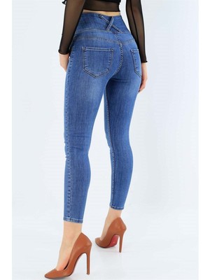 Rengamoda Kadın Mavi Yüksek Bel Jean Likralı RM16173