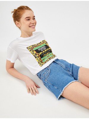 Koton Kadın Baskılı T-Shirt Bisiklet Yaka