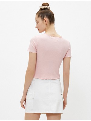 Koton Kadın Baskılı Tişört Bisiklet Yaka Pamuklu Waffle