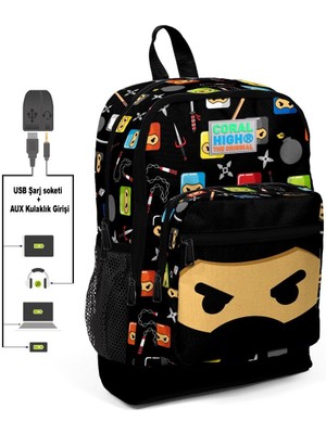 Coral High Kids Dört Gözlü Ninja Baskılı Usb + Aux Soketli İlkokul Çantası