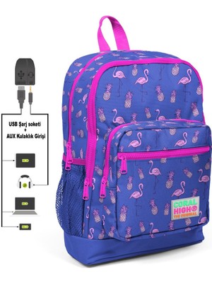 Coral High Flamingo Baskılı Dört Gözlü İlkokul Çantası USB ve AUX Çıkışlı 27 x 40 x 16 cm Kız Çocuk