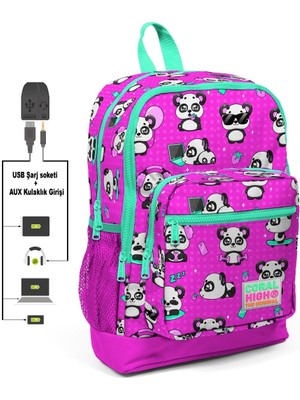Coral High Kids Dört Gözlü Panda Desenli Usb + Aux Soketli İlkokul Çantası