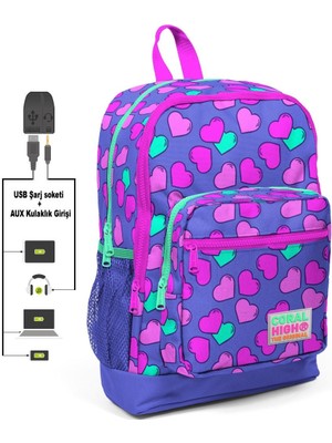 Coral High Kids Dört Gözlü Kalpler Baskılı Usb + Aux Soketli İlkokul Çantası
