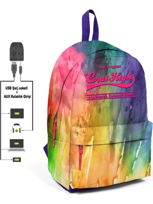 Coral High Gökkuşağı Desenli Usb + Aux Soketli Sırt Çantası