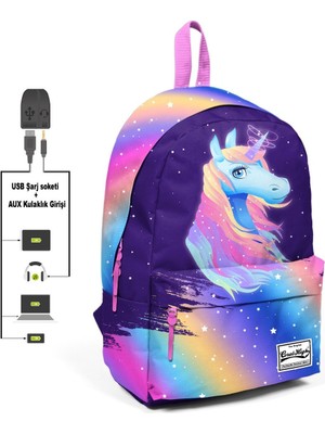 Coral High Usb + Aux Soketli Renkli Unicorn Desenli Sırt Çantası