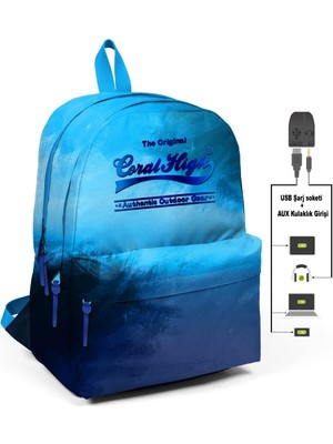 Coral High Usb + Aux Soketli Degradeli Üç Gözlü Okul Sırt Çantası Mavi