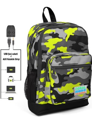 Coral High Kids Usb + Aux Soketli Kamuflaj Desenli Dört Gözlü İlkokul Çantası Yeşil