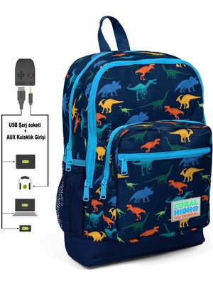 Coral High Kids Usb + Aux Soketli Dinazor Desenli Dört Gözlü İlkokul Çantası