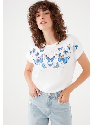 Mavi Kelebek Baskılı Beyaz Tişört