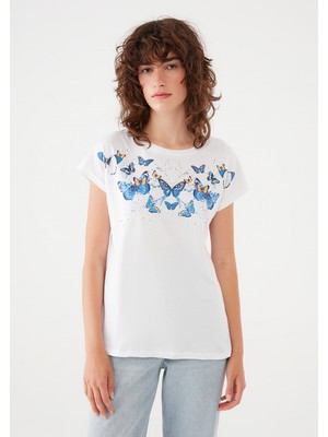 Mavi Kelebek Baskılı Beyaz Tişört