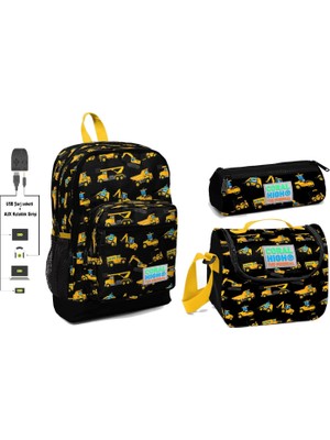 Yaygan Coral High USB ve Aux Çıkışlı Okul Çanta Seti  Erkek Çocuk  Sarısiyah Iş Makineleri