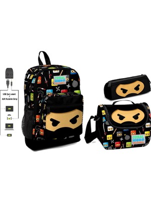 Yaygan Coral High USB ve Aux Çıkışlı Okul Çanta Seti  Erkek Çocuk  Siyah Ninja Desenli