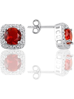 Söğütlü Silver Gümüş Rodyumlu Kırmızı Taşlı Pırlanta Montürlü Küpe