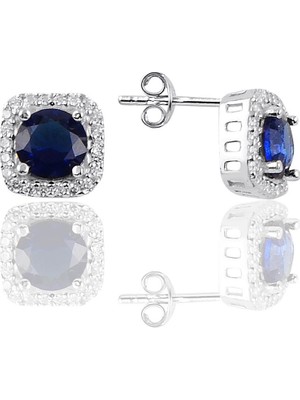 Söğütlü Silver Gümüş Rodyumlu Safir Taşlı Pırlanta Montürlü Küpe