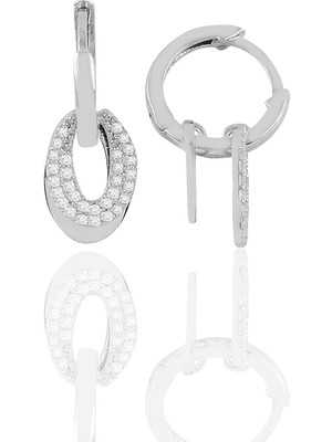 Söğütlü Silver Gümüş Rodyumlu Zirkon Taşlı Oval Sallantılı  Halka Küpe