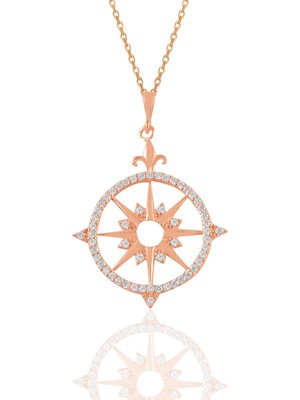 Söğütlü Silver Gümüş Rose Zirkon Taşlı Kutup Yıldızı Pusula Kolye