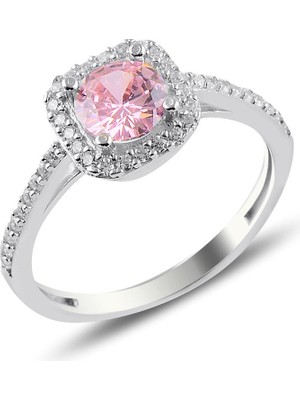 Söğütlü Silver Gümüş Rodyumlu Pembe Taşlı Kare Yüzük