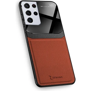 Samsung Galaxy S21 Ultra Kılıf Zebana Lens Deri Kılıf Kahverengi
