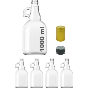 1000 cc Şeffaf Galon Kilitli Kapaklı ve Kapüşonlu 1000 ml Kulplu Cam Şişe 4 Adet