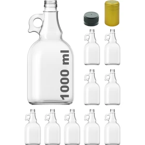 1000 cc Şeffaf Galon Kilitli Kapaklı ve Kapüşonlu 1000 ml Kulplu Cam Şişe 9 Adet