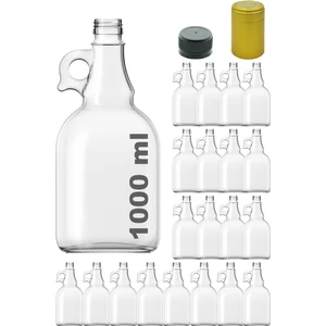 1000 cc Şeffaf Galon Kilitli Kapaklı ve Kapüşonlu 1000 ml Kulplu Cam Şişe 20 Adet