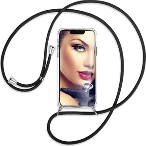 Apple iPhone SE 2020  Kılıf Boyun - Omuz Askılı Köşe Korumalı Siyah iPli Kordonlu Anti Şok Şeffaf Silikon