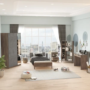 Genç Odası Takımı 5 Parça Set Beton-Kahve Renk Ergonomik Tasarım ile