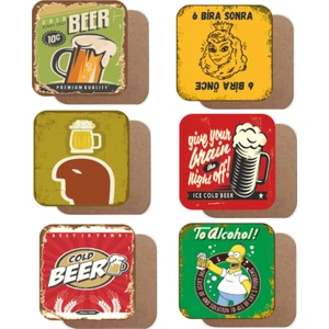 Bira Temalı 6lı Retro Ahşap Bardak Altlığı Seti