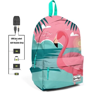 Coral High Usb + Aux Soketli Flamingo Desenli Okul Sırt Çantası Yeşil - Pembe