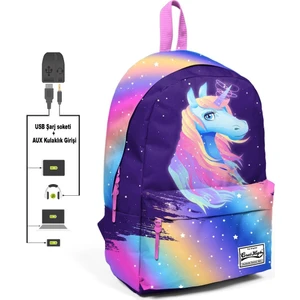 Coral High Usb + Aux Soketli Renkli Unicorn Desenli Sırt Çantası