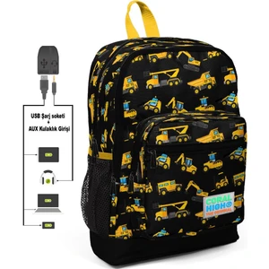 Coral High Kids İş Makineleri Baskılı Usb + Aux Soketli Dört Gözlü İlkokul Çantası