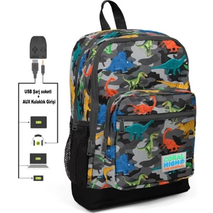 Coral High Kids Dinazor Kamuflaj Desenli Usb + Aux Soketli Dört Gözlü İlkokul Çantası