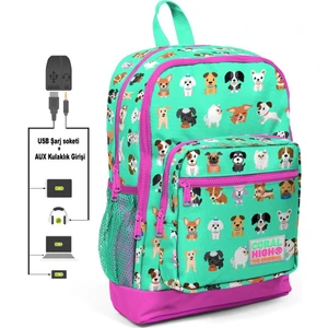 Coral High Kids Sevimli Köpekler Usb + Aux Soketli Dört Gözlü İlkokul Çantası