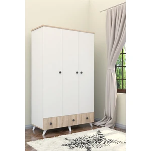 AE-1093 Pera Beyaz/Sonomo 3 Kapaklı Gardırop 2 Çekmeceli, Raflı, Askılıklı Dolap